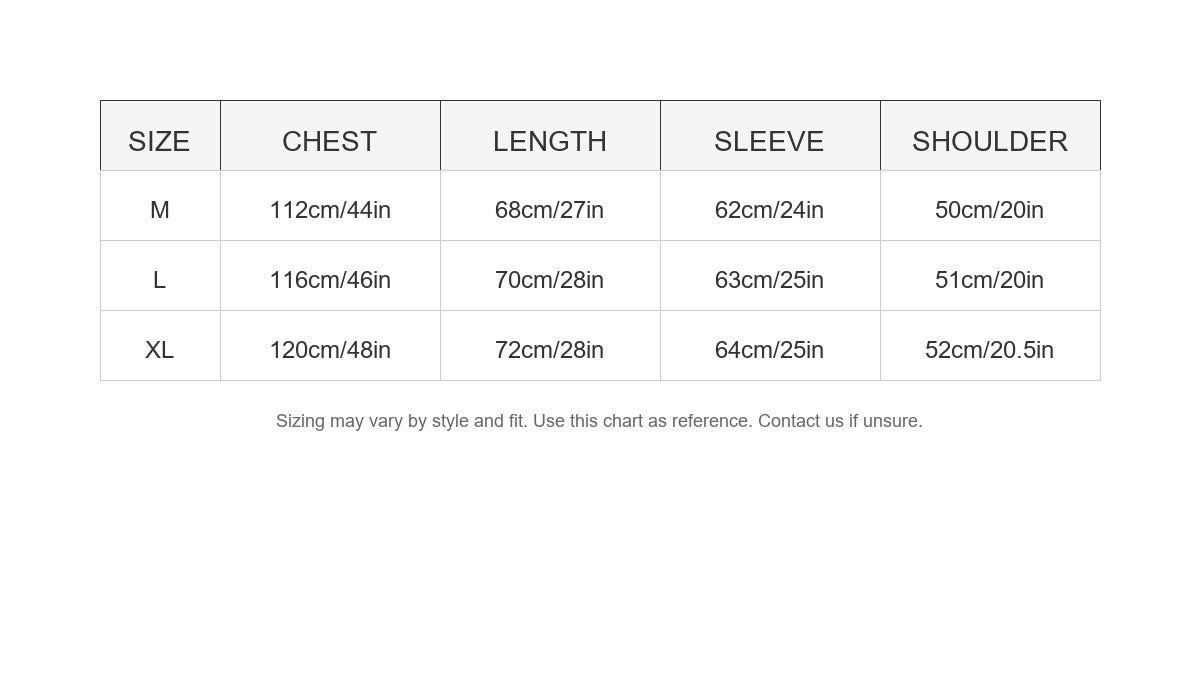 Dirty Dye Hooded Jacket - Size Chart Measurements in cm and inches