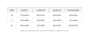 Dirty Dye Hooded Jacket - Size Chart Measurements in cm and inches